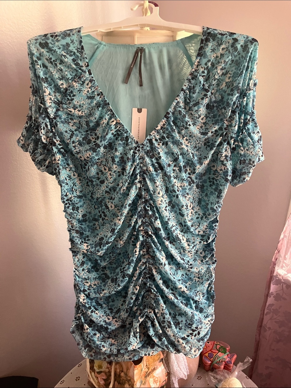 Anthropologie Teal Floral Ruched V-Neck Blouse